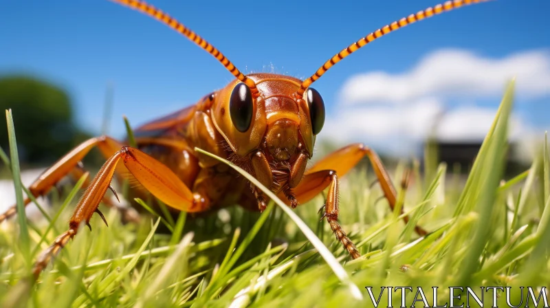 Detailed Image of a Brown Cockroach on Green Grass Against Blue Sky AI Image