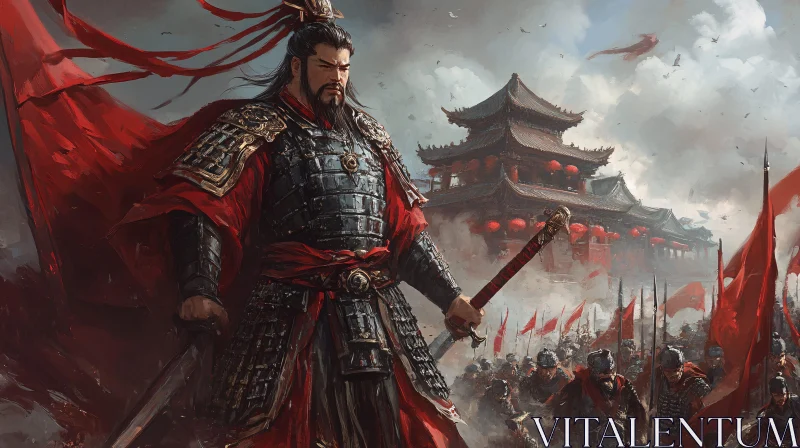 AI ART Armored Warrior with Asian Architecture