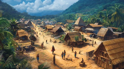 Thatched Huts in a Tropical Village