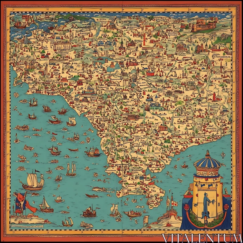 Antique-Style Sea Map with Sailing Vessels AI Image