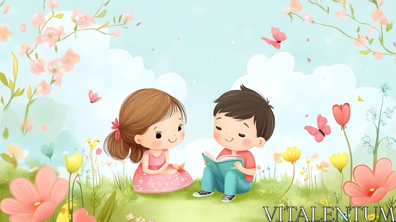 AI ART Kids Reading Book in Flower Field