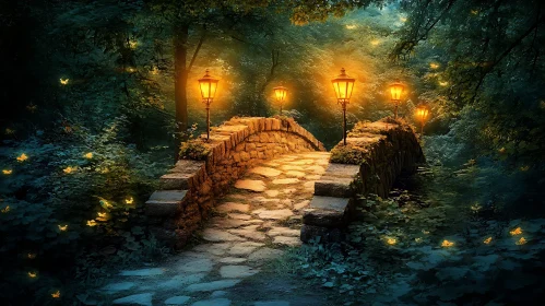 Old Stone Bridge with Forest Lights