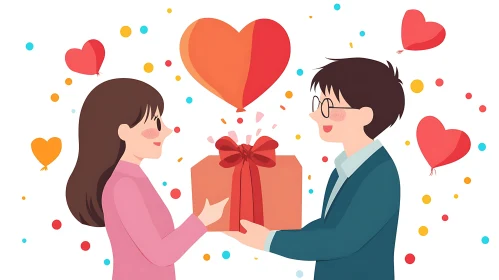 Couple Sharing Gift with Heart Balloons