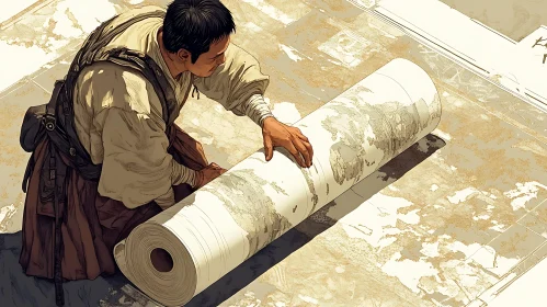 Man Unrolling Ancient Map Scroll