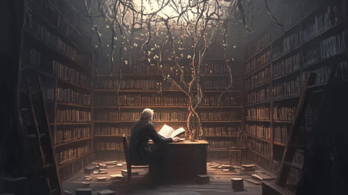 Reader in a Book Filled Library