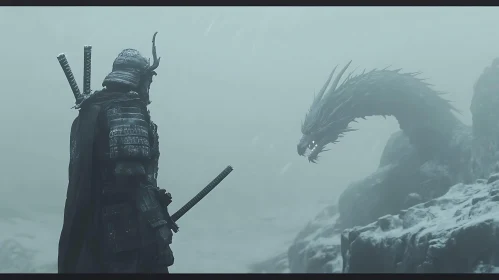 Warrior Confronts Dragon in Misty Realm