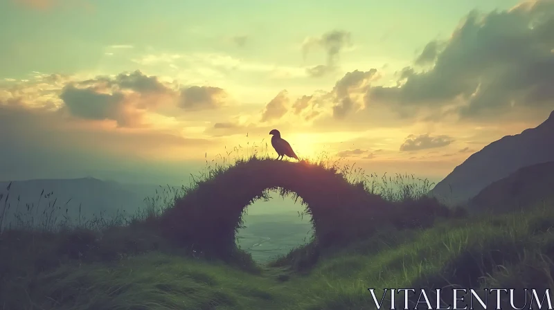 Sunset Bird Perch on Grassy Arch AI Image