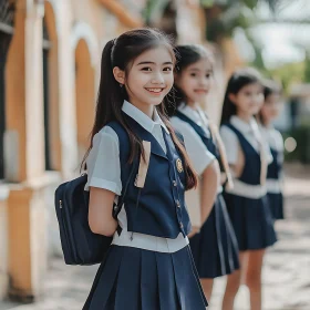 Smiling Schoolgirl in Blue Uniform