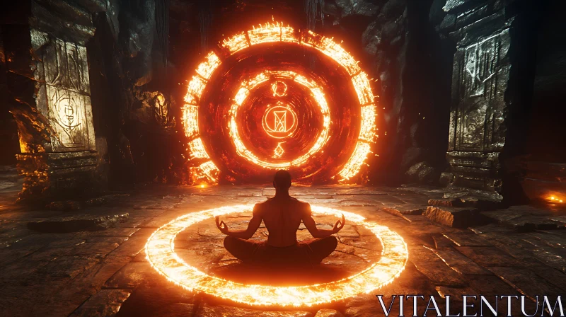 Meditating Figure Before Fiery Portal AI Image