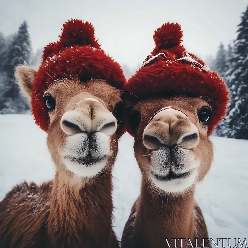 AI ART Whimsical Winter Camels with Red Hats