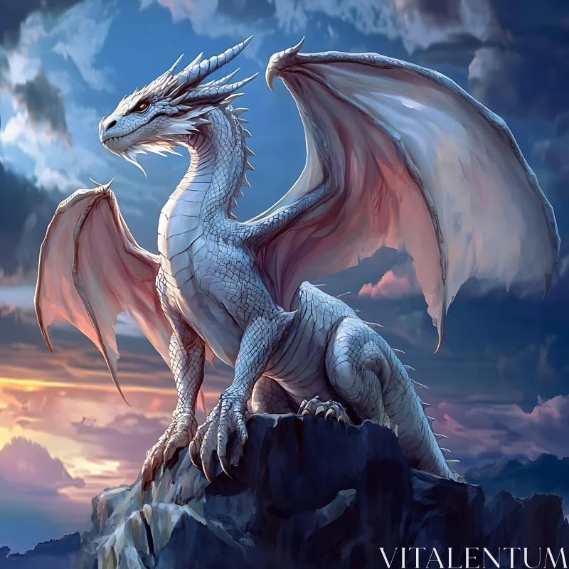 Fantasy Dragon Art: White Dragon on Cliff AI Image