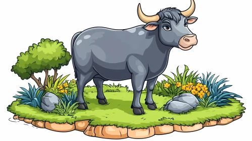 Illustrated Grey Bull in Greenery