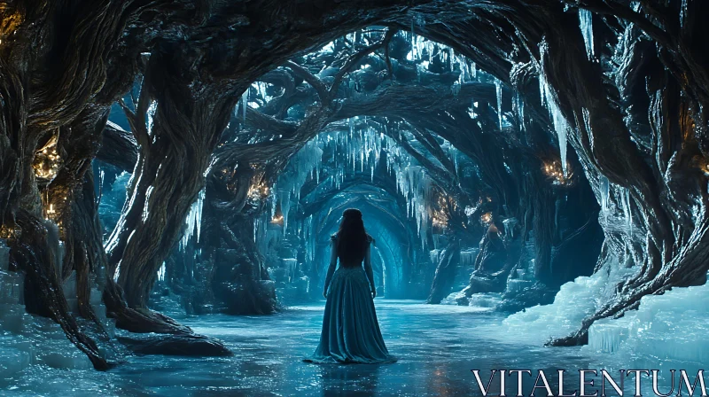 AI ART Frozen Cave with Woman in Dress