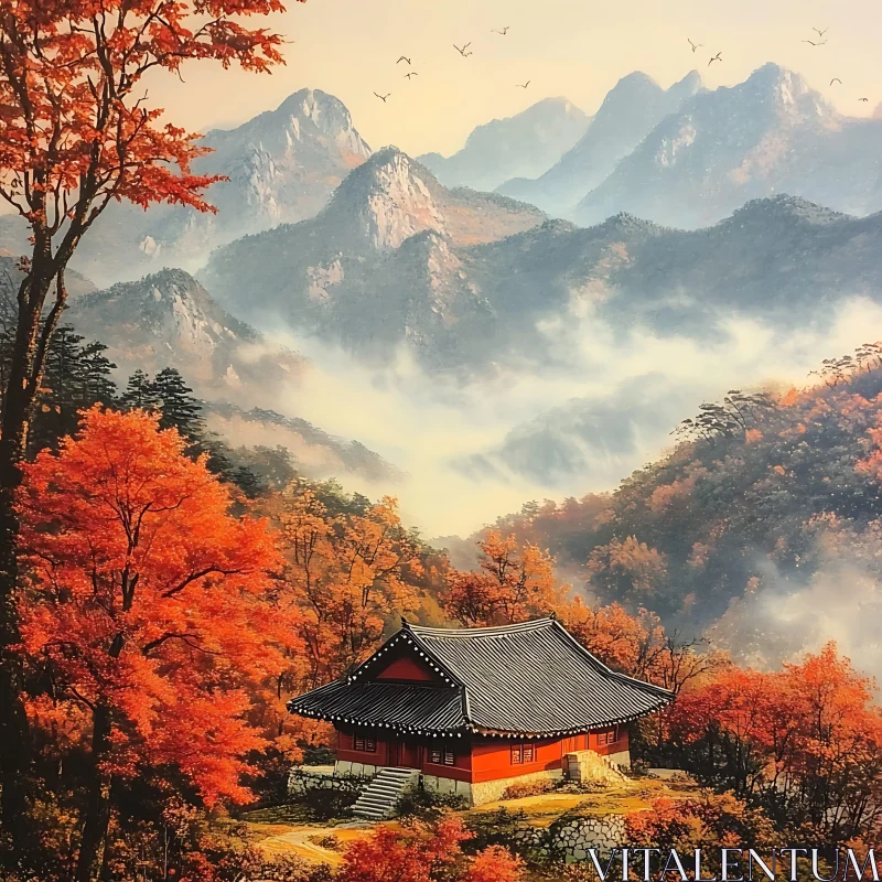 Traditional House in Autumn Mountain Scene AI Image