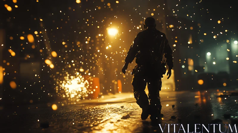AI ART Man Walking at Night with Bokeh Lights