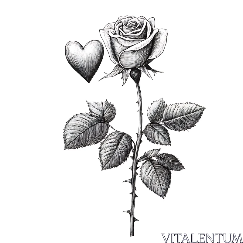 Monochrome Rose with Heart Drawing AI Image