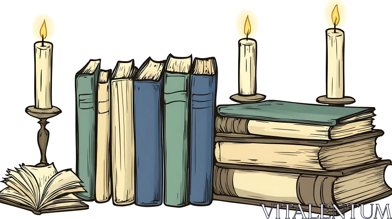 AI ART Old Books with Candlelight Illustration