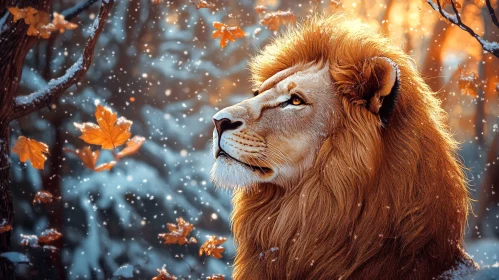 Lion Amidst Autumn Snow