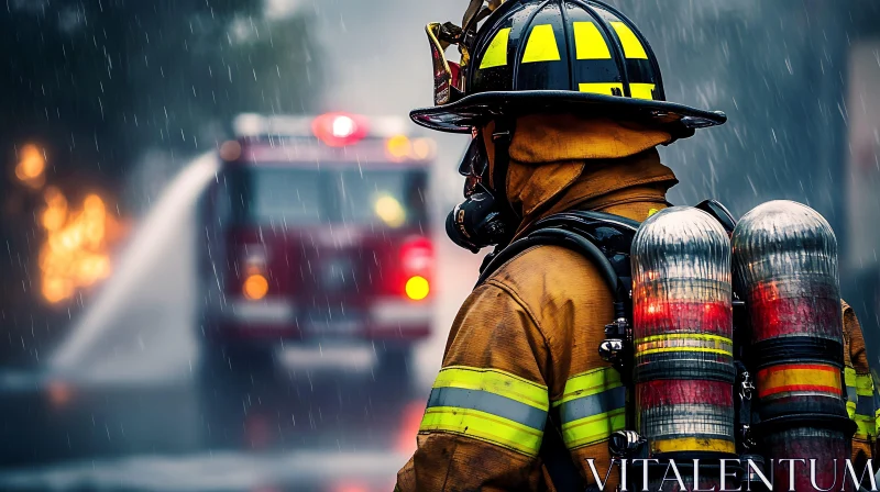 Firefighter Battling Blaze Under Rain AI Image