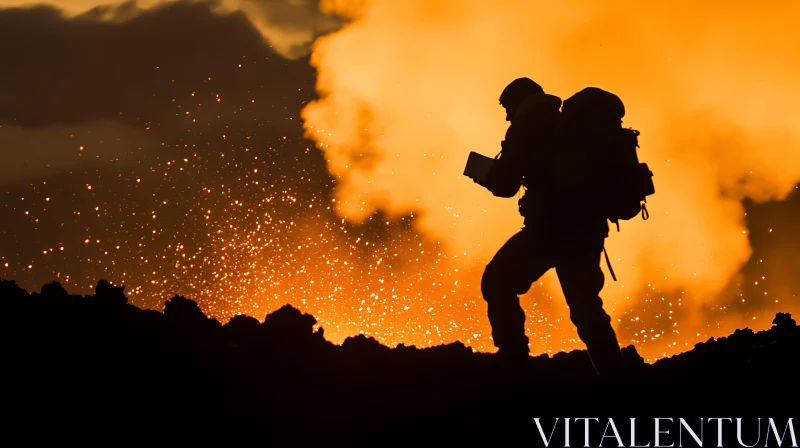 AI ART Volcanic Silhouette: A Hiker's Journey
