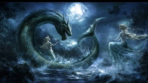 Lunar Encounter of Dragon and Mermaids