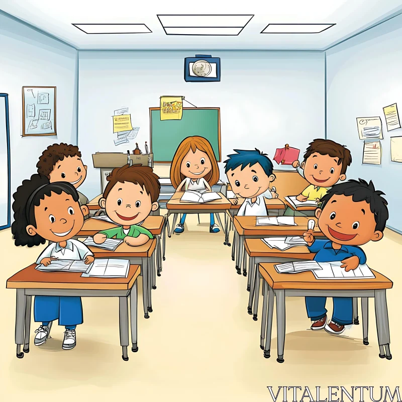 AI ART Cartoon Students in a Bright Classroom