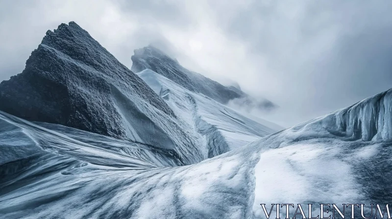 AI ART Snowy Mountain Peaks in Misty Atmosphere