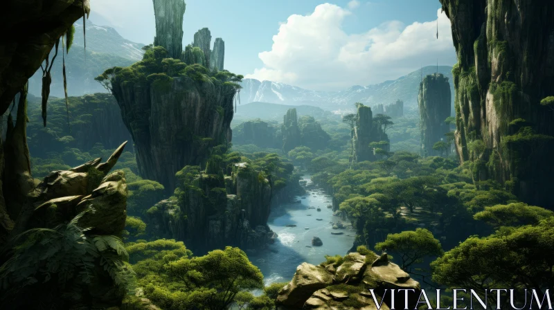 Fantasy Valley: A Nature-Inspired Depiction of Waterfalls and Forests AI Image