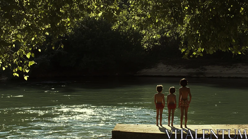 Tranquil River Scene with Children AI Image