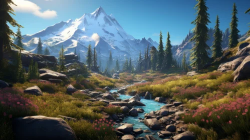 Winter Wilderness in a Video Game: A Captivating Mountain Stream Scene