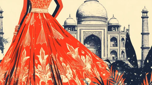 Woman in Red Dress at Taj Mahal