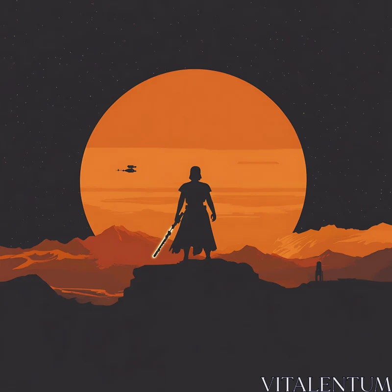 AI ART Fiery Sunset Warrior Silhouette