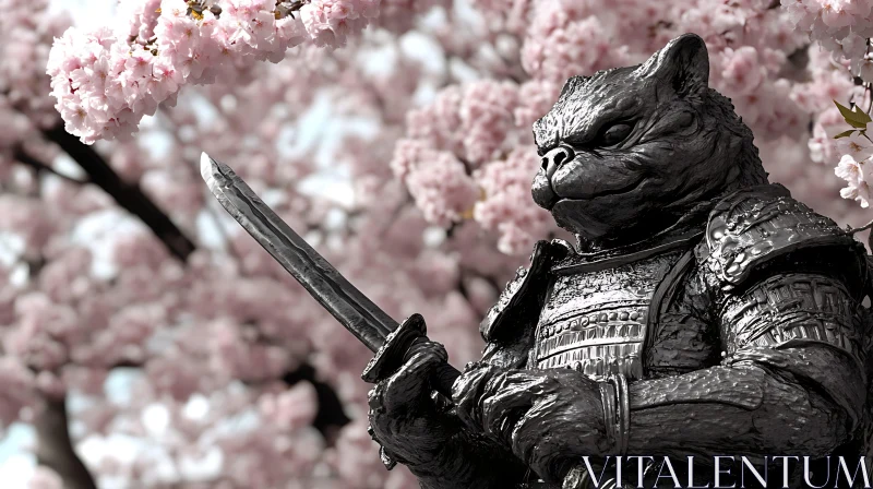 AI ART Ape Warrior Sculpture Under Pink Flowers