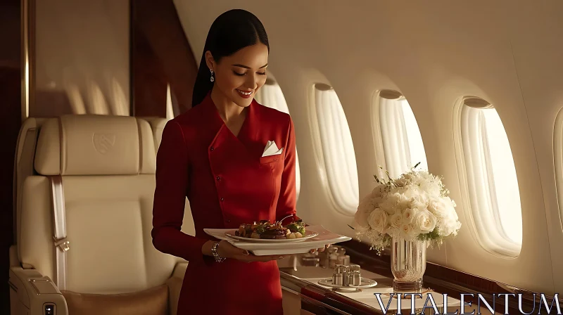 Luxurious Private Jet Interior with Gourmet Service AI Image