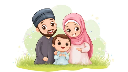 Delightful Cartoon of a United Muslim Family