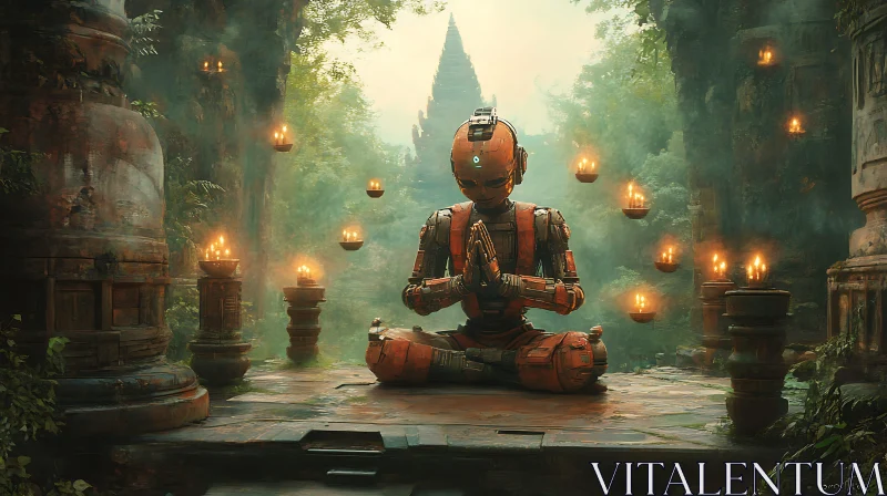 Meditative Robot in Candlelit Sanctuary AI Image