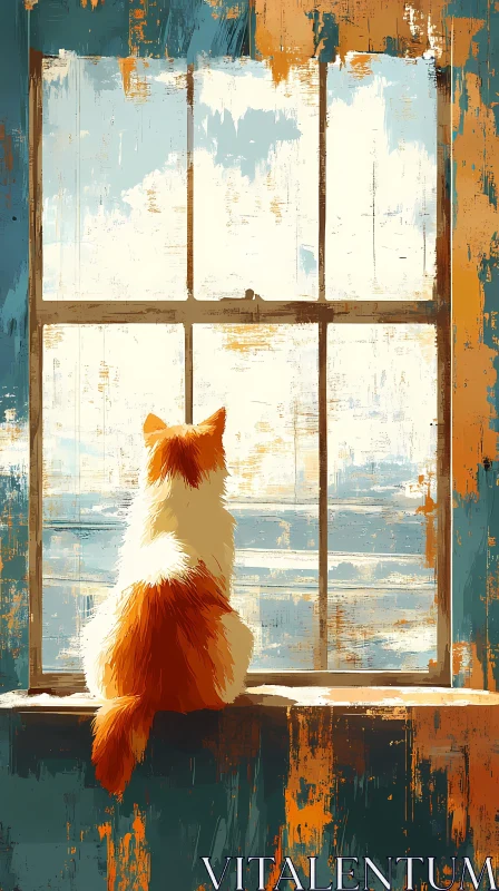 AI ART Sunlit Cat on Windowsill Art