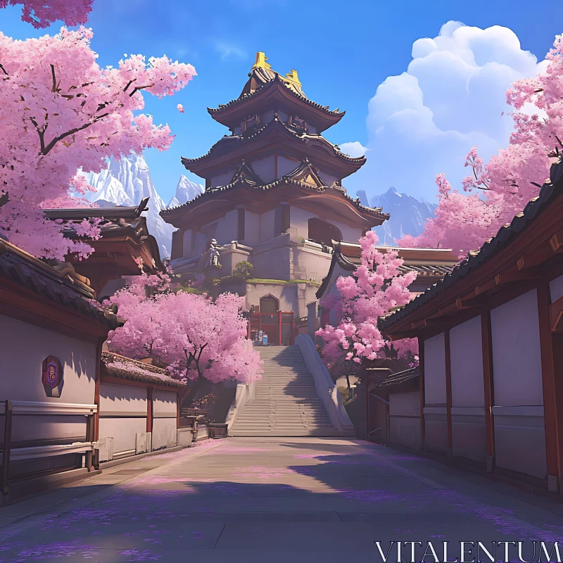 Serene Temple View with Pink Blossoms AI Image