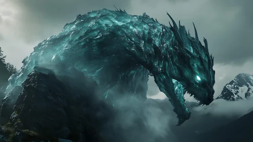 Teal Dragon Coiled Around Mountain