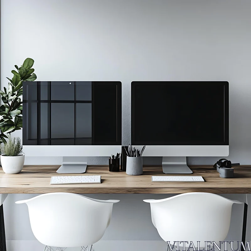 Minimalist Office with Dual Monitors AI Image