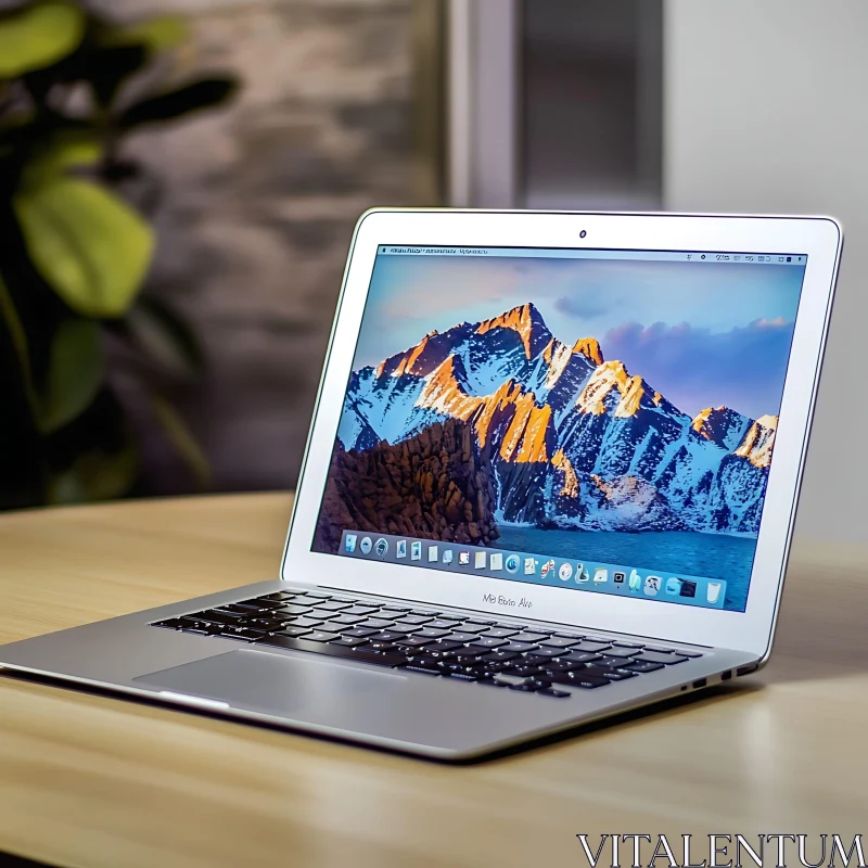 Silver Laptop Displaying Mountain Scene on Office Desk AI Image