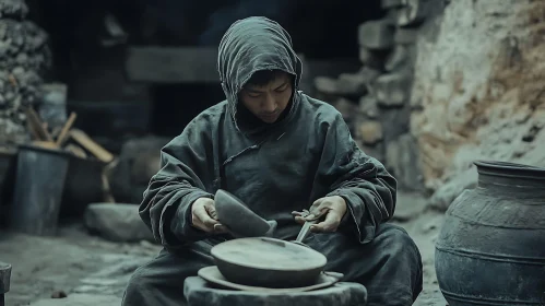 Man Working with Pottery in Rustic Setting