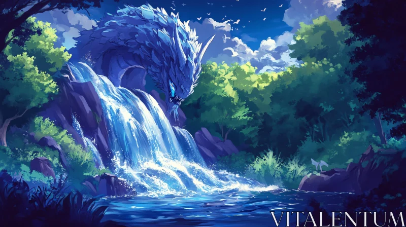 AI ART Blue Dragon and Waterfall Landscape