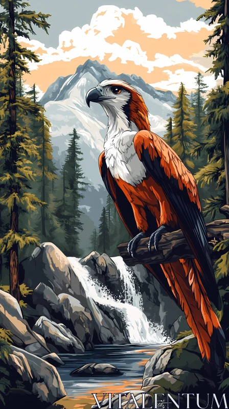 Nature Scene with Hawk and Waterfall AI Image