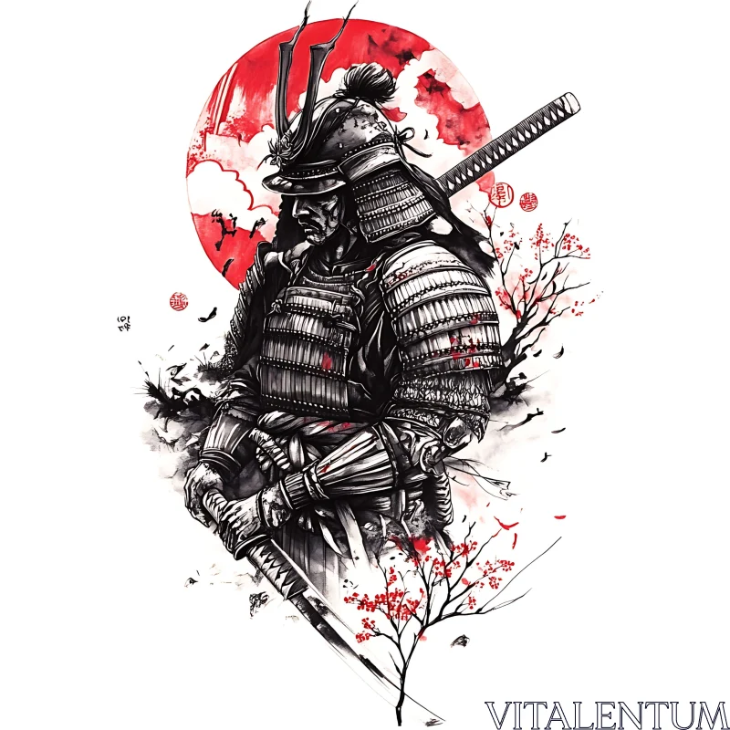 Ink Samurai Illustration with Katana and Blossoms AI Image