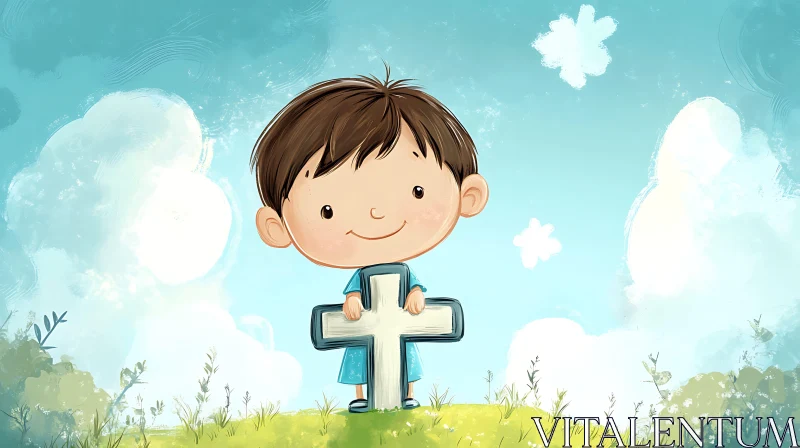 Child Holding Cross Art Print AI Image