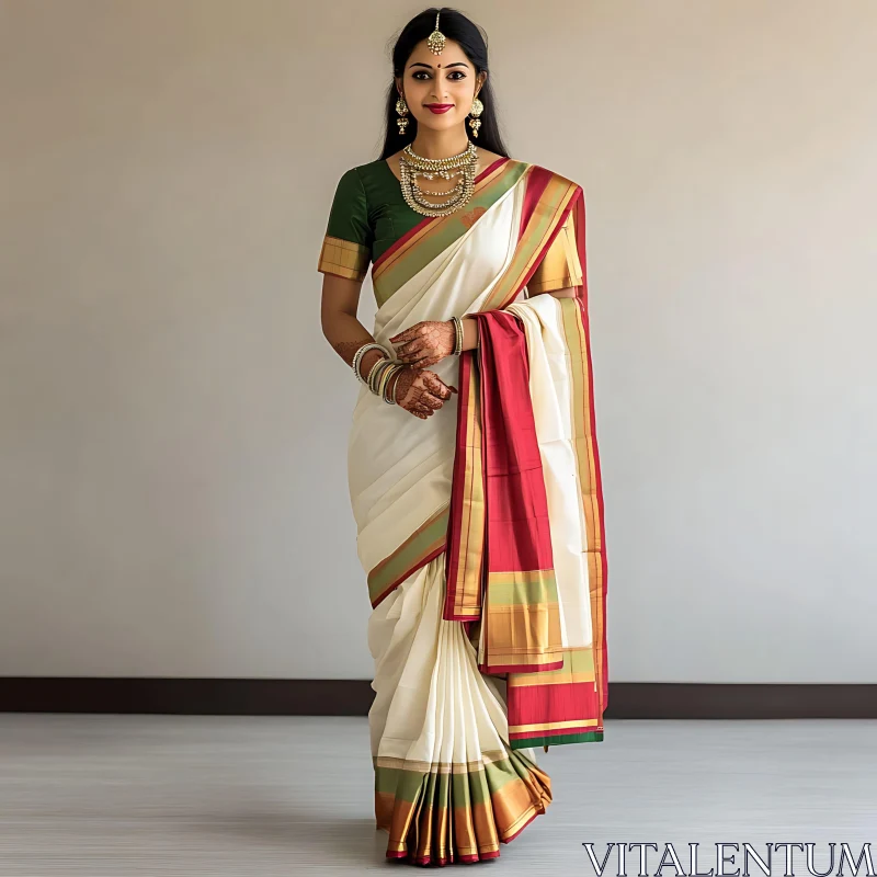 Classic Indian Fashion: Woman in White Saree AI Image