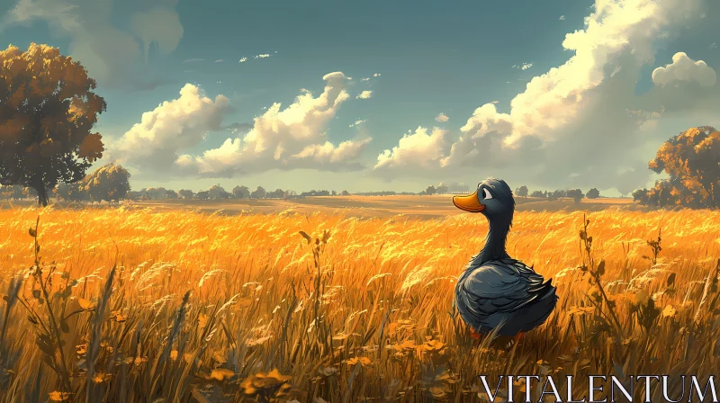 Cartoon Duck and Golden Field Landscape AI Image