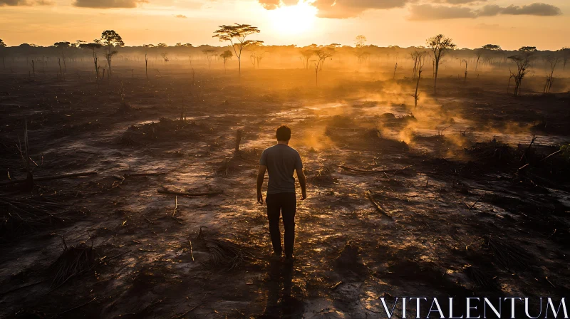 AI ART Man Walks Through Barren Lands at Sunset