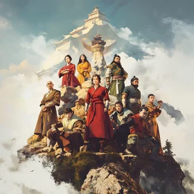 People on Mountain with Temple